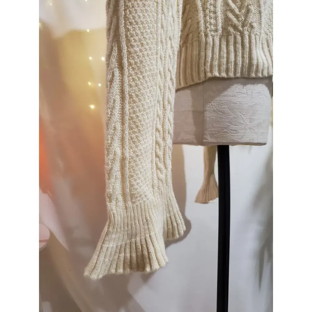 J. Crew Cable Knit Wool Bell Ruffle Sleeve Crewneck Cream Sweater Womens Size L